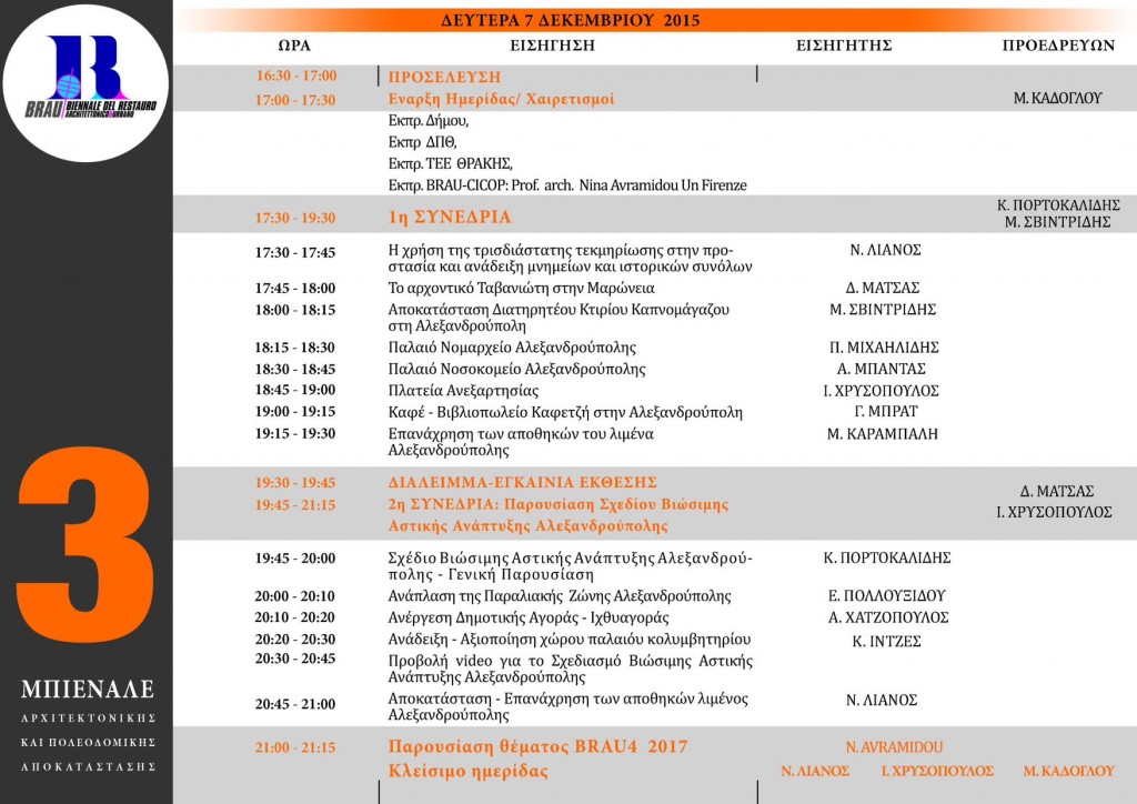 Πρόγραμμα Συνεδριών Ημερίδας BRAU3 (7/12/2015 16:30 στο Επιμελητήριο Έβρου στην Αλεξανδρούπολη)
