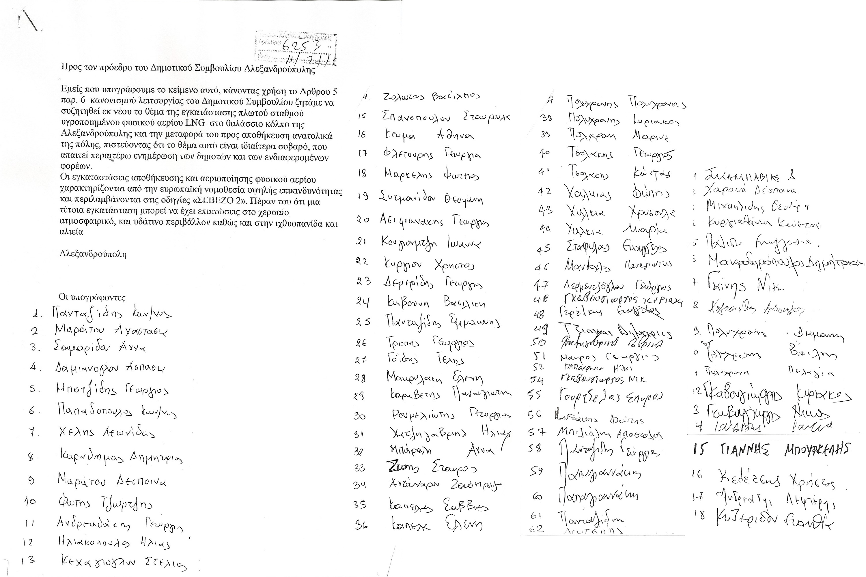 Αίτημα 80 πολιτών για πρόκληση συζήτησης στο Δ.Σ. για το θέμα του ΑΣΦΑ Αλεξανδρούπολης (επένδυση LNG Ομίλου Κοπελούζου) βάσει του άρθρου 5 παρ. 6 του Κανονισμού Λειτουργίας του Δημοτικού Συμβουλίου Αλεξανδρούπολης